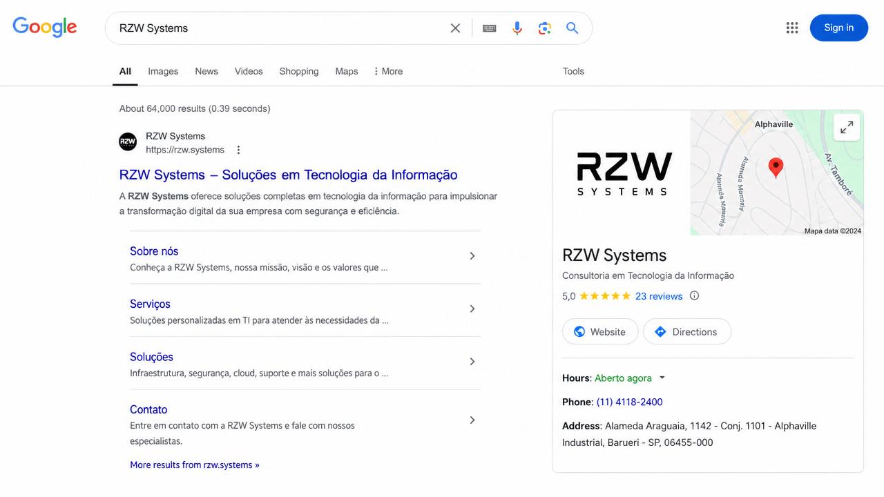 Exemplo de Perfil da Empresa no Google da RZW Systems exibido nos resultados de busca